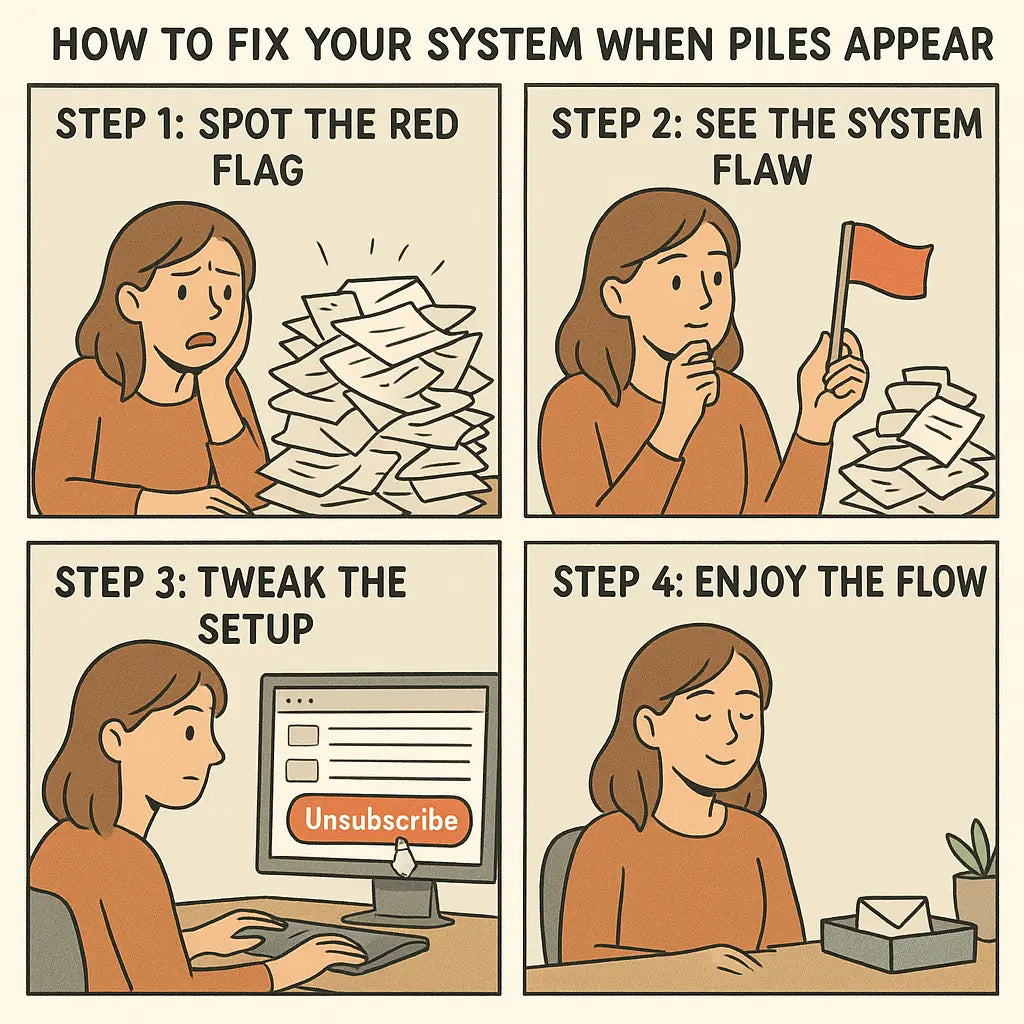 Four-panel comic showing a woman transforming her cluttered desk by identifying system flaws, unsubscribing from junk mail, and enjoying a tidy workspace.