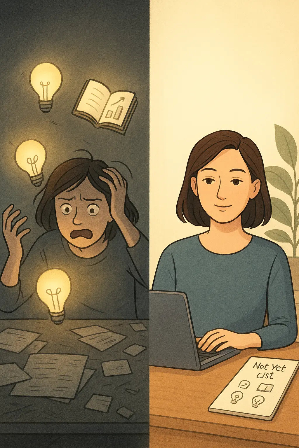 Side-by-side illustration of a woman transitioning from chaotic multitasking to calm focus using a Not Yet list