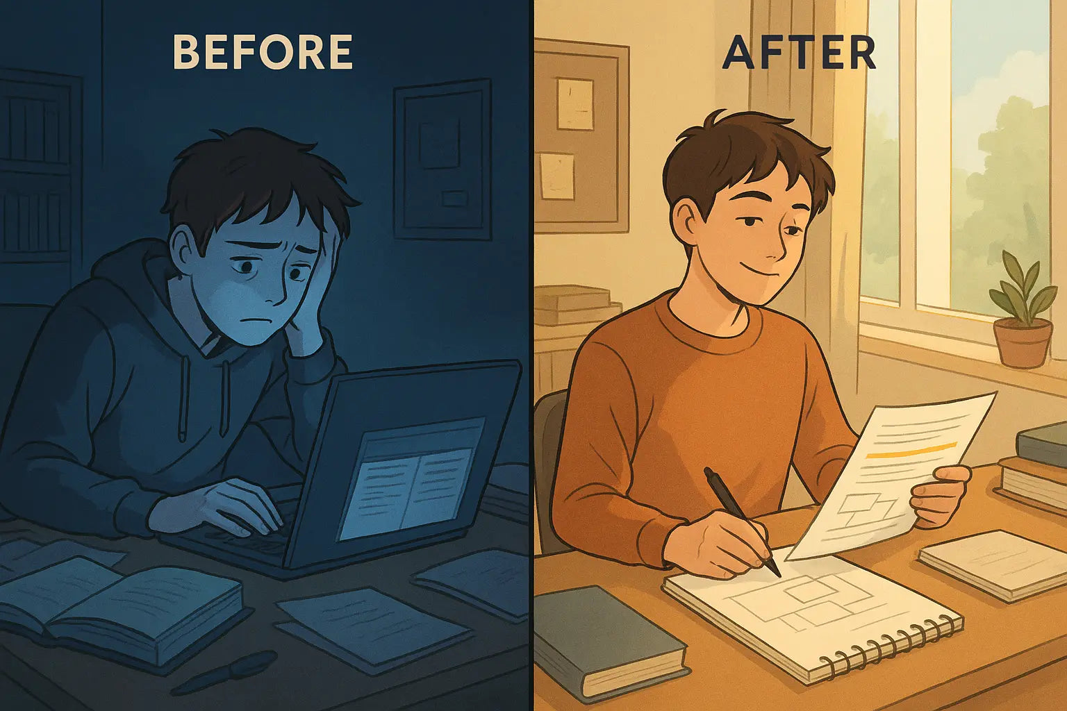 Student confidently analysing a sample essay's structure with highlighted sections and notes, showing transformation from copying to understanding.