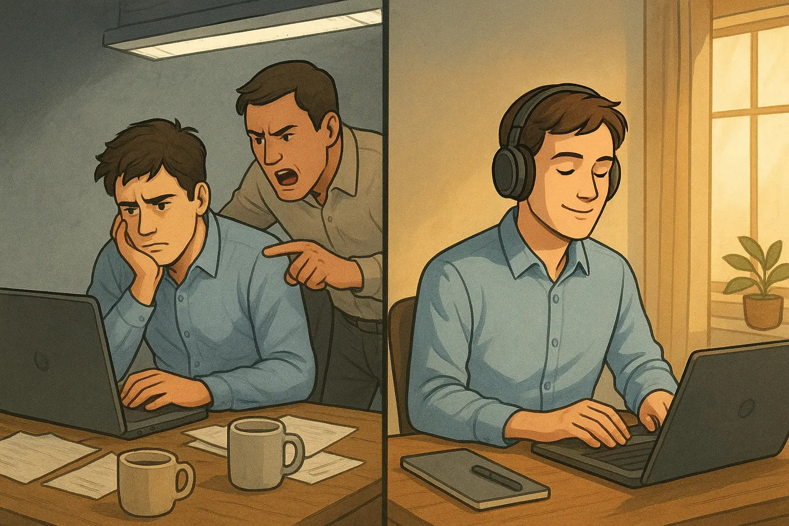 Split-panel showing a man transitioning from being interrupted at his messy desk to working calmly alone with headphones in organised space.