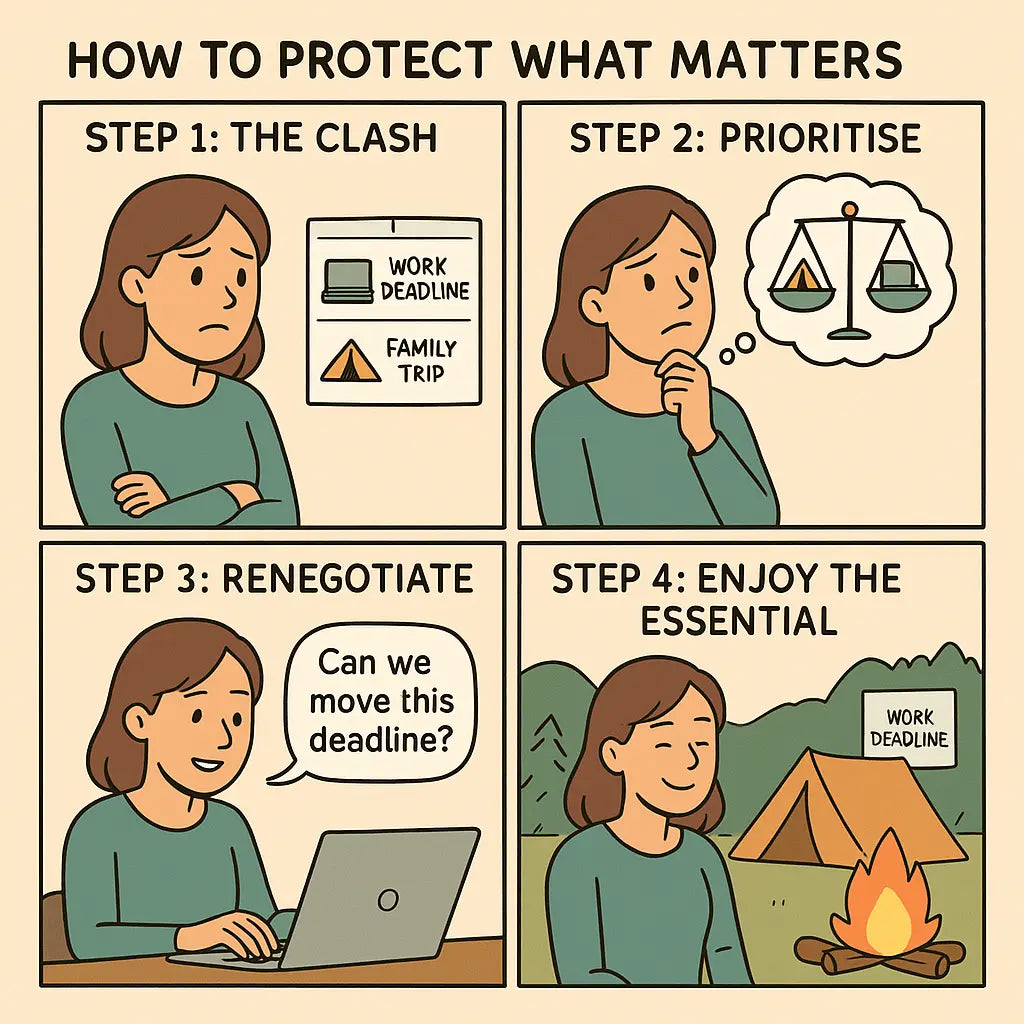 A four-panel comic strip showing a woman resolving a work-life conflict by identifying the clash, prioritising family, renegotiating her deadline, and enjoying her camping trip.