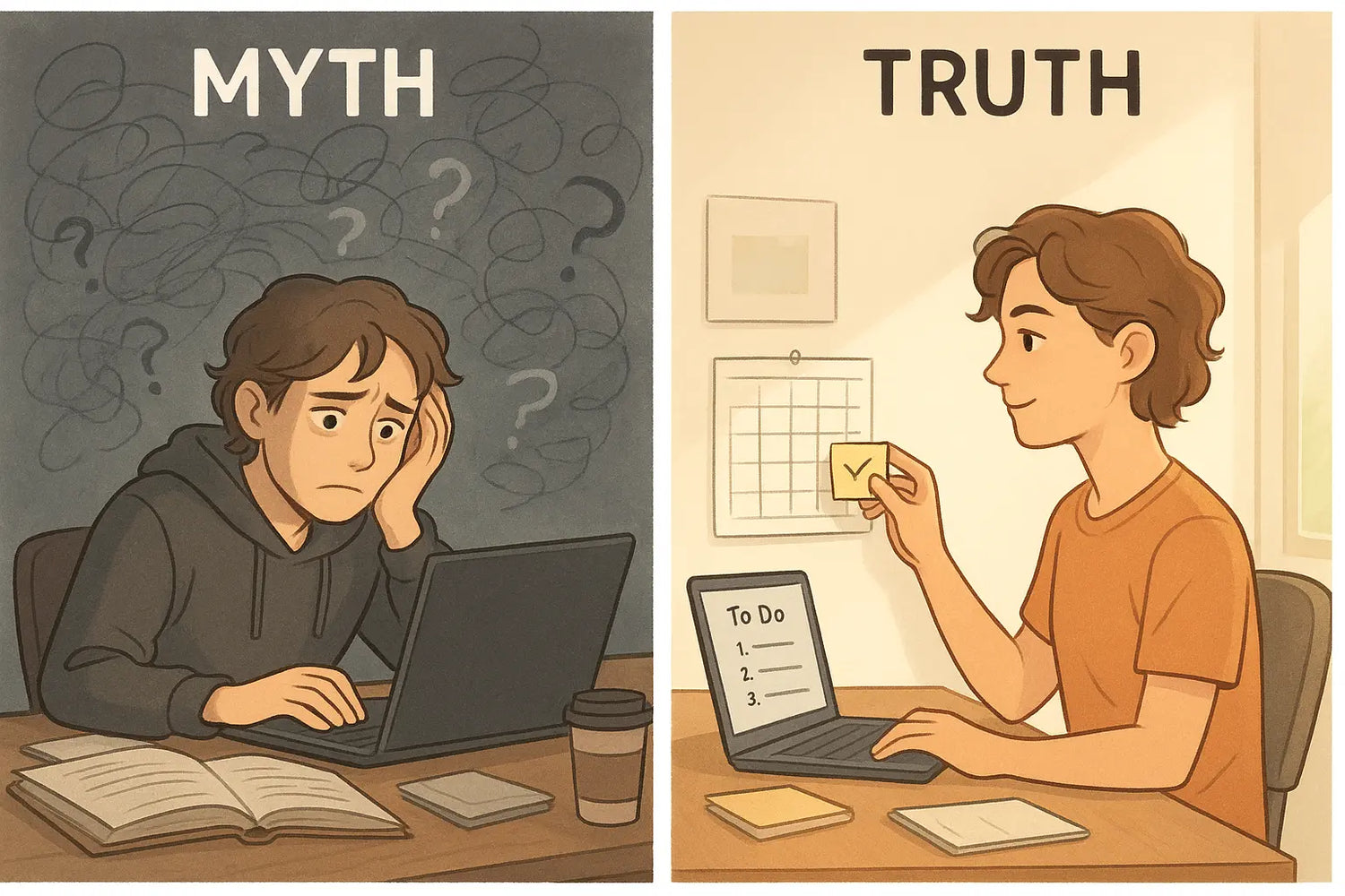 Student confidently placing a decision sticky note on a calendar in a bright, organised room, contrasted with a stressed student paralysed by perfectionism in a dim, cluttered space.