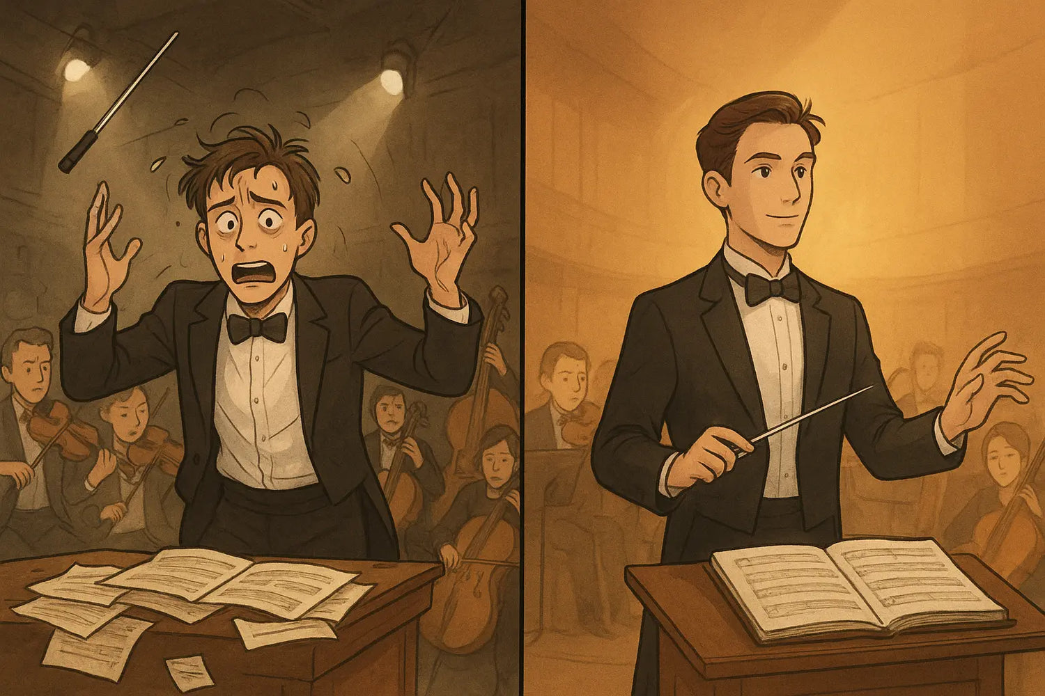 Split illustration showing a conductor transforming from overwhelmed chaos to calm, confident control of a harmonious orchestra