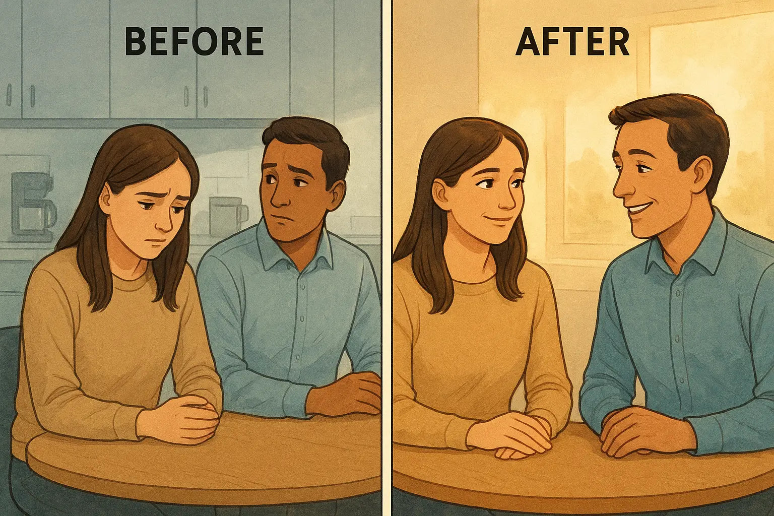 Woman transforming from anxious to confident through improved eye contact and social connection in modern office setting