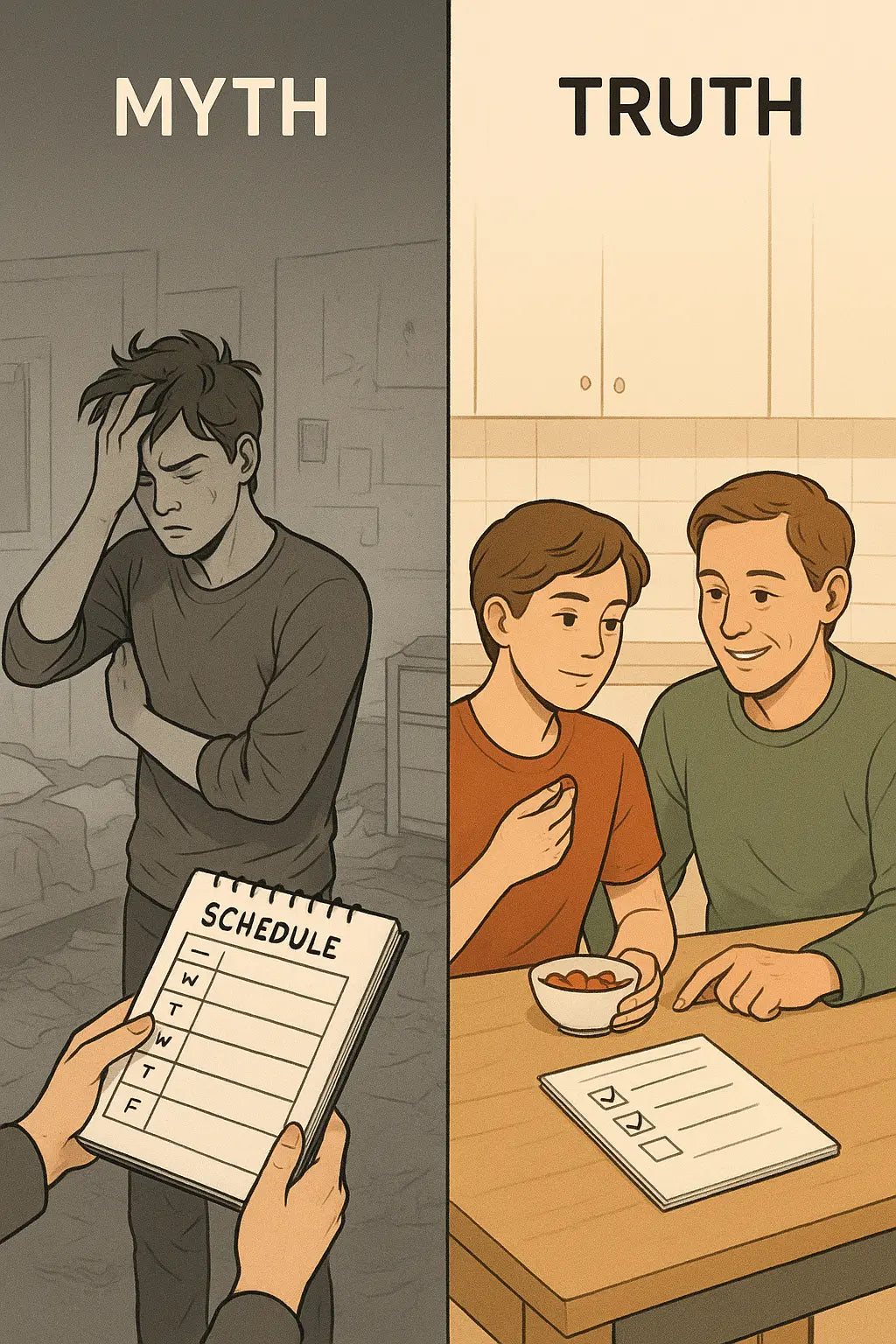 Side-by-side comparison showing stressed planning versus calm, successful planning with a young adult and parent at a kitchen table with snacks