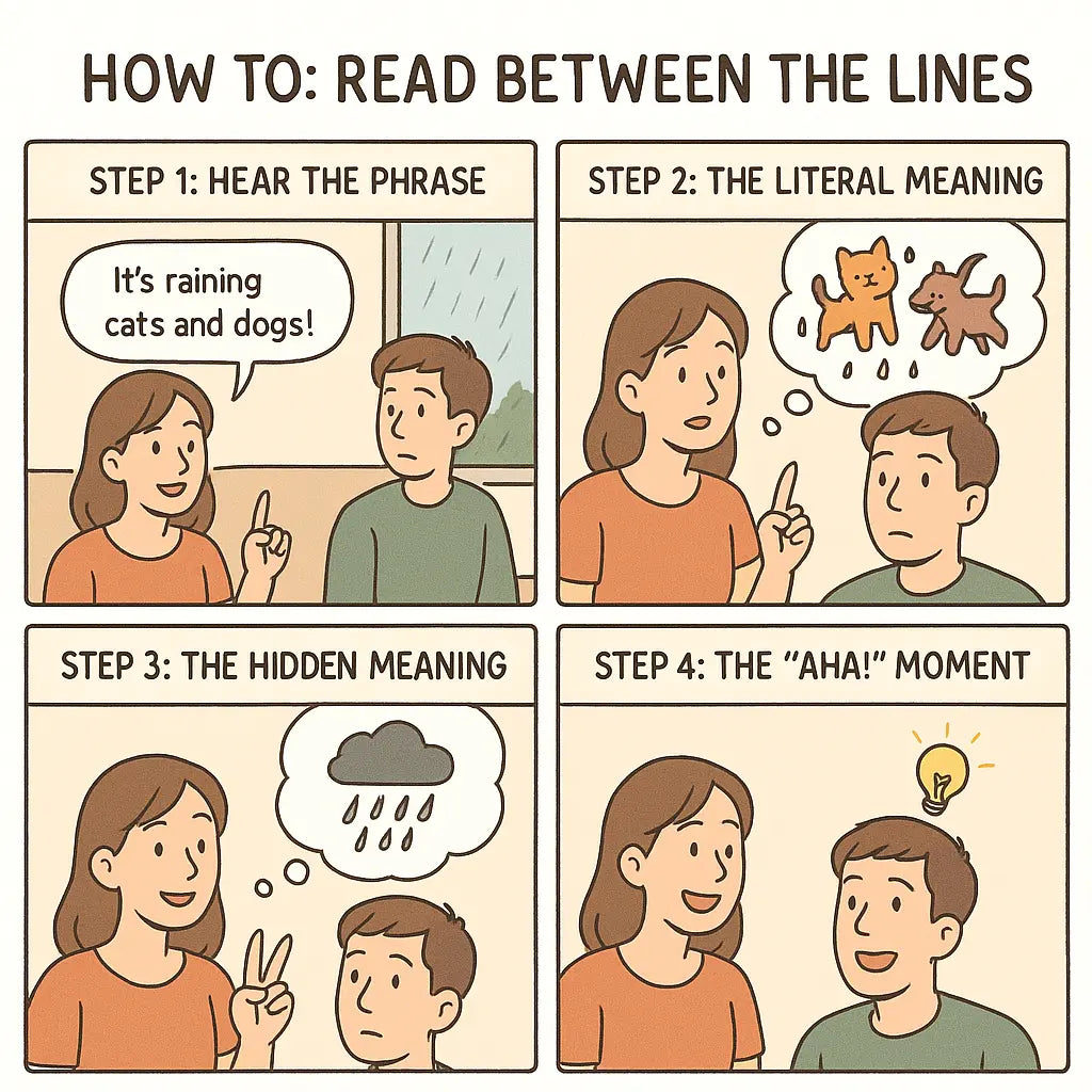 Comic strip showing two friends as one explains the literal versus implied meaning of 'raining cats and dogs', leading to an 'aha' moment of understanding