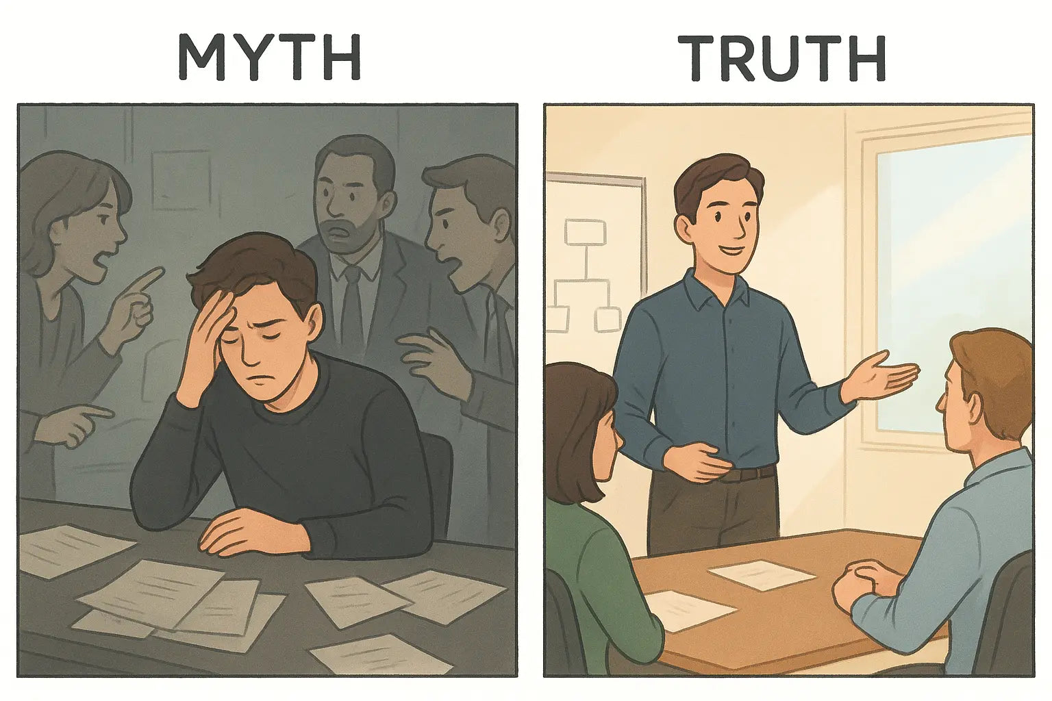 A diptych showing a stressed person in a chaotic meeting versus the same person calm and confident presenting visuals in an organised meeting.