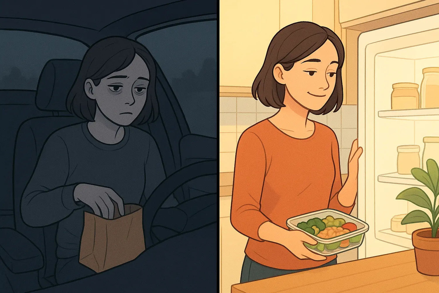 Woman comparing mindless fast-food habit in car with conscious healthy meal choice at home in vibrant kitchen