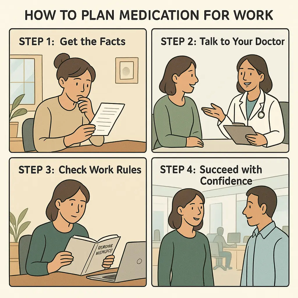 Four-panel comic strip showing a woman planning neurodivergent medication for work, from research to doctor consultation to workplace success
