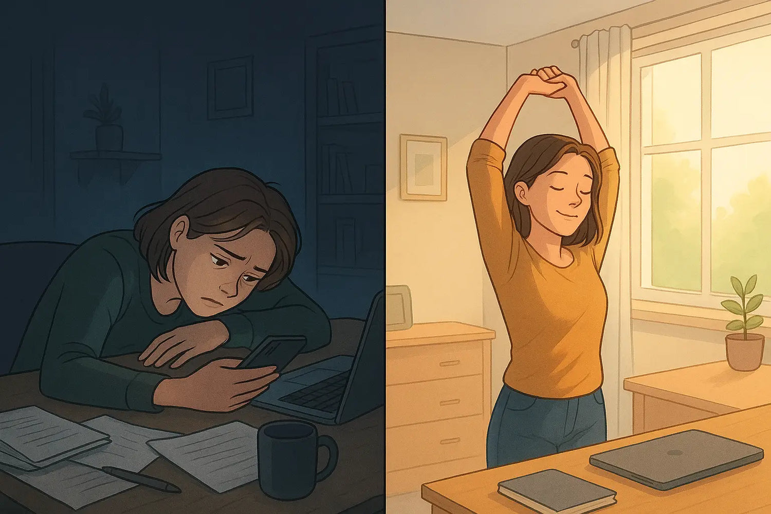 Split image showing a stressed student working during a break versus the same student calm and refreshed after stepping away from their desk.