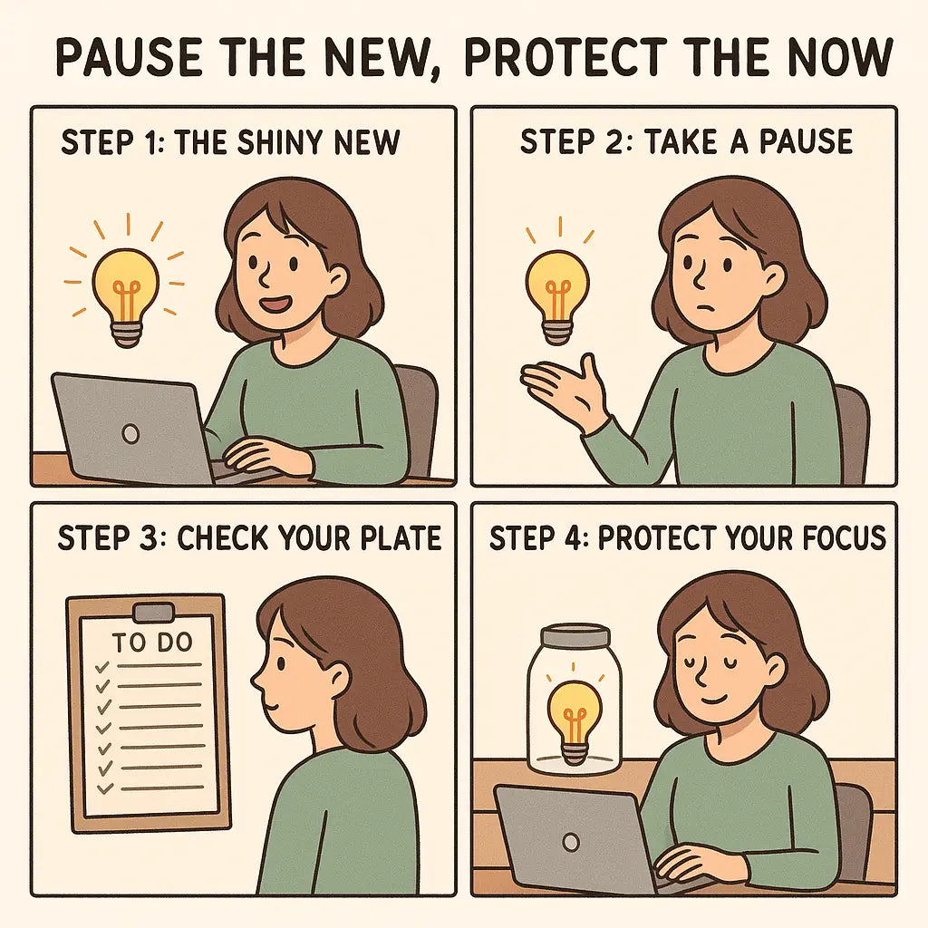 Four-panel comic showing a woman pausing to check her workload before accepting a new idea, choosing to protect her focus on existing tasks