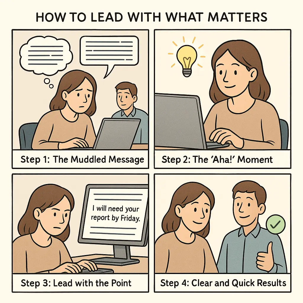 Four-panel comic showing a woman transforming a confusing email into a clear, direct message by leading with her main point first