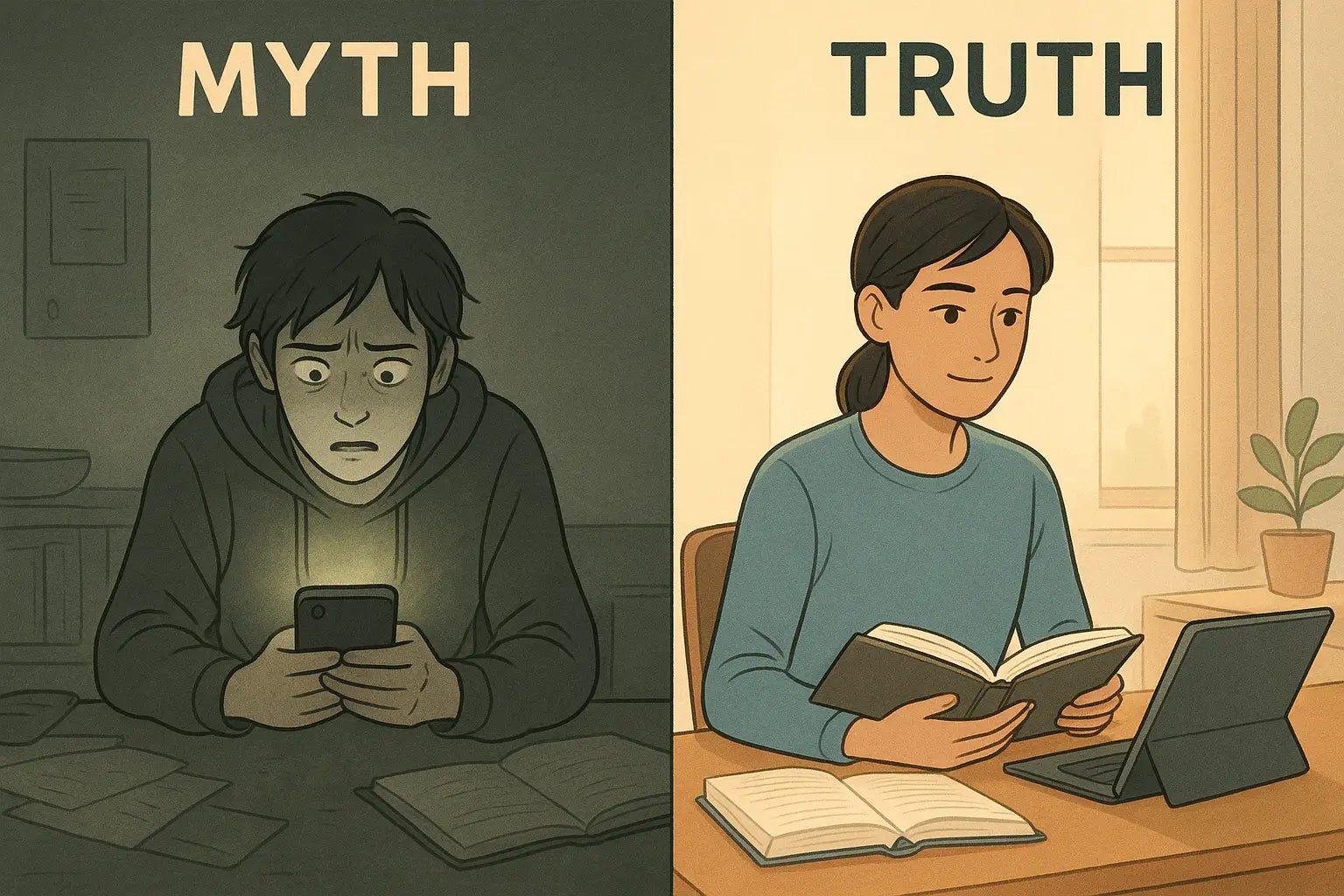 Split illustration showing a confused student with one phone versus a confident student comparing laptop, textbook, and tablet