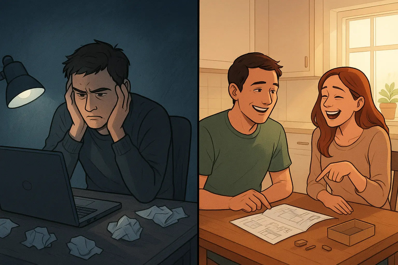 Split-panel showing a frustrated young man studying alone, then relaxed and smiling as a woman shares her own struggles in a warm kitchen.