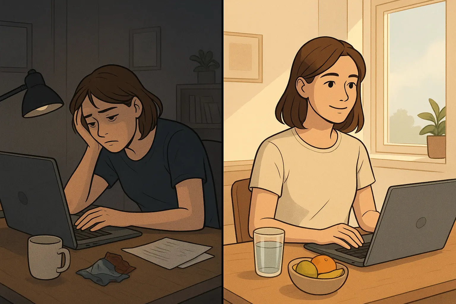 Split-panel showing a woman transforming from exhausted at a messy desk to energised and focused at a tidy desk with water and healthy snacks