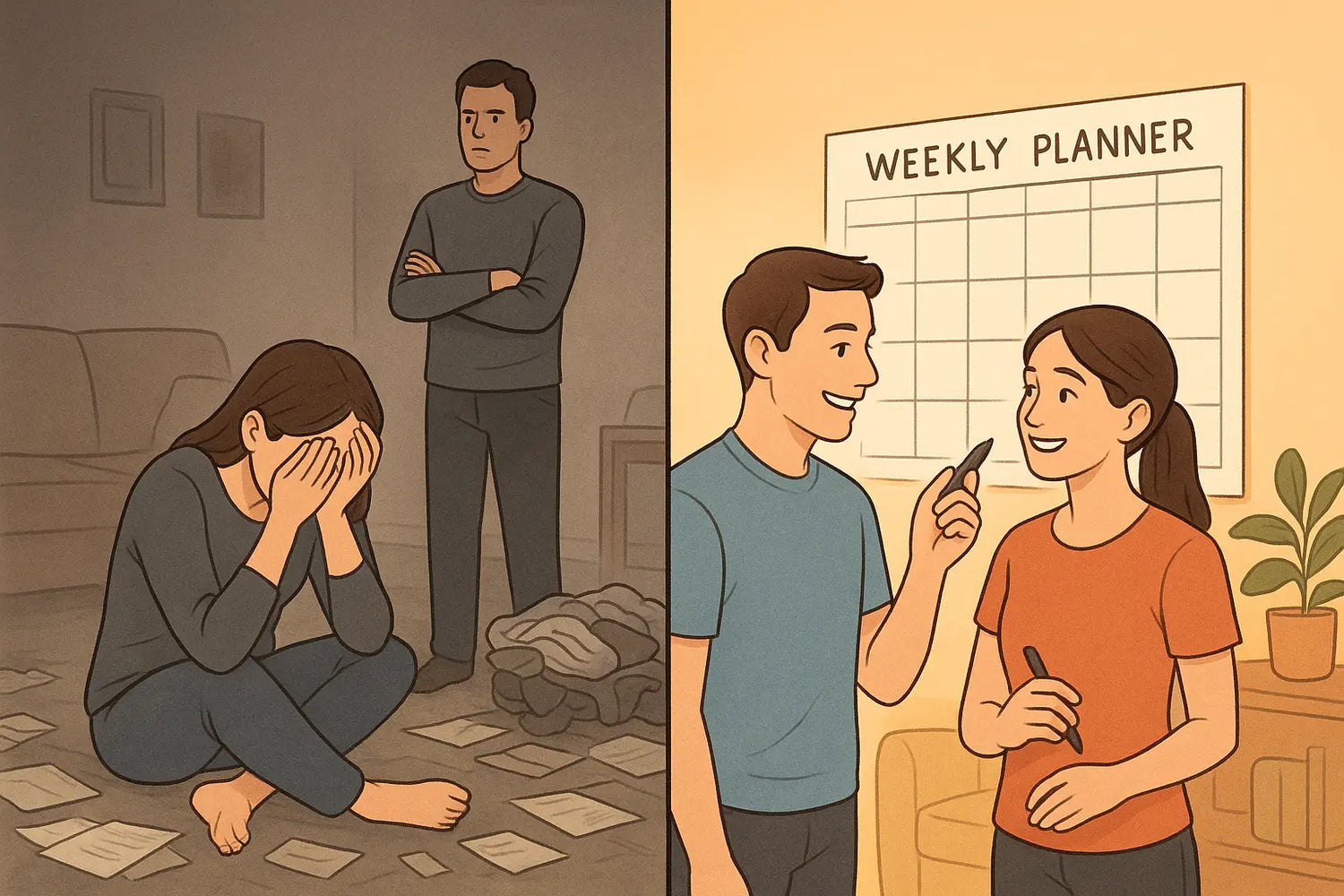 Split illustration showing stressed solo struggle versus happy couple co-creating routines with shared planner