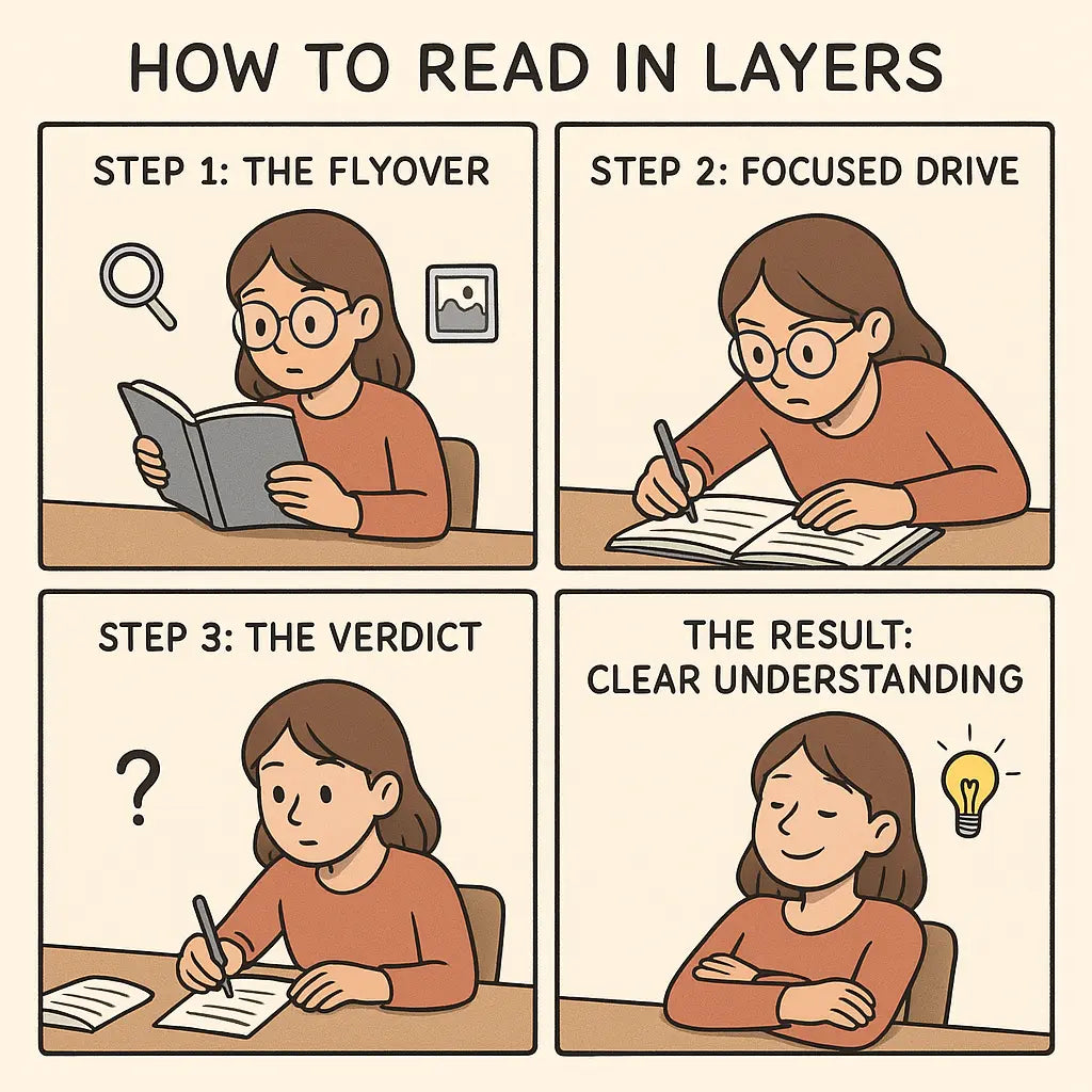 Four-panel comic showing a student mastering layered reading: skimming, focused reading, reflecting, and achieving clear understanding.