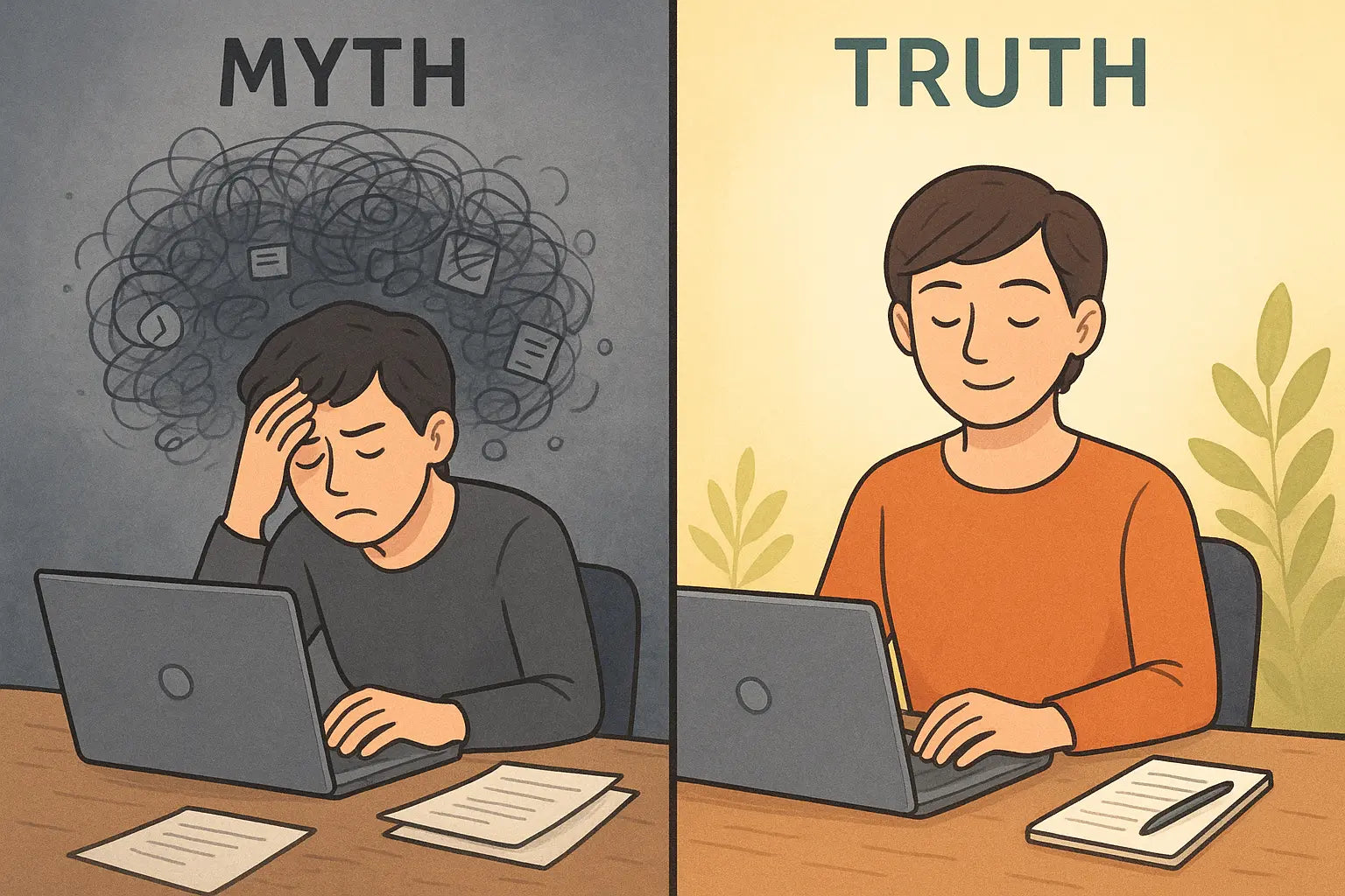 Split illustration showing stressed person with thought storm versus calm focused person after brain dump with notepad beside laptop