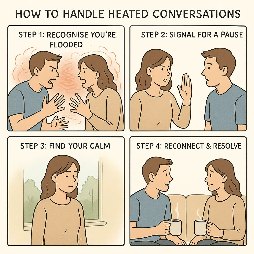 Four-panel comic showing a couple managing conflict: recognising emotional flooding, signalling a pause, calming down separately, and reconnecting peacefully.