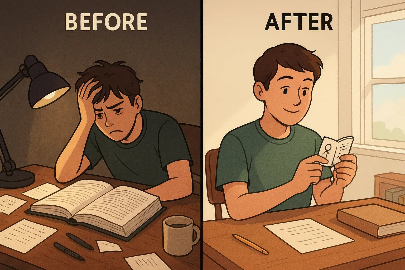 Student transforming from overwhelmed by thick textbook to calm while holding hand-made mini summary booklet at organised desk