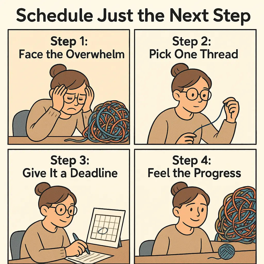 A young woman at her desk transforms stress into calm by isolating one strand from a tangled ball of yarn, representing tackling big projects step by step.