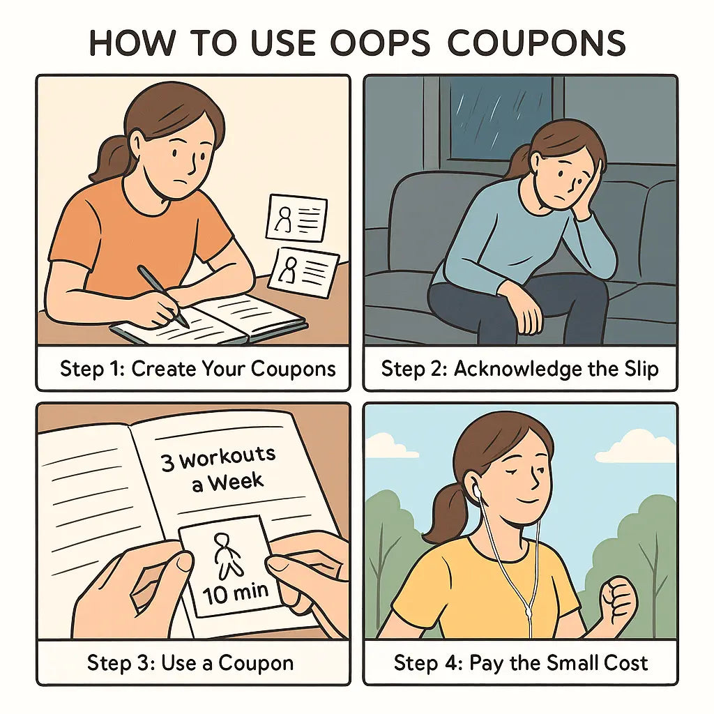Four-panel comic showing a woman using Oops Coupons to manage workout goals, from creating coupons to paying a small makeup cost.