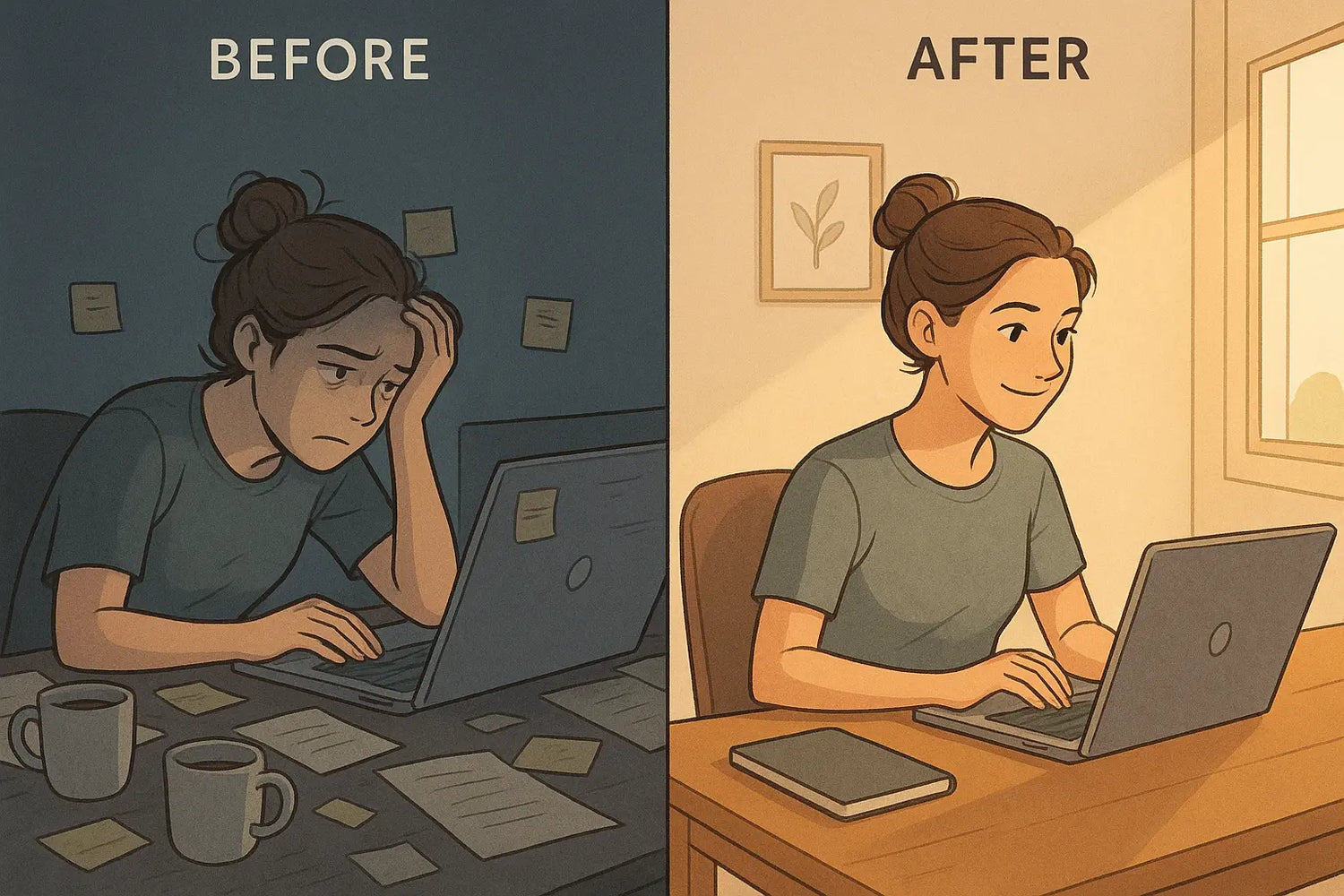 Before-and-after split showing a woman transforming from overwhelmed at a cluttered desk to focused and organised, demonstrating the scan-and-sprint method