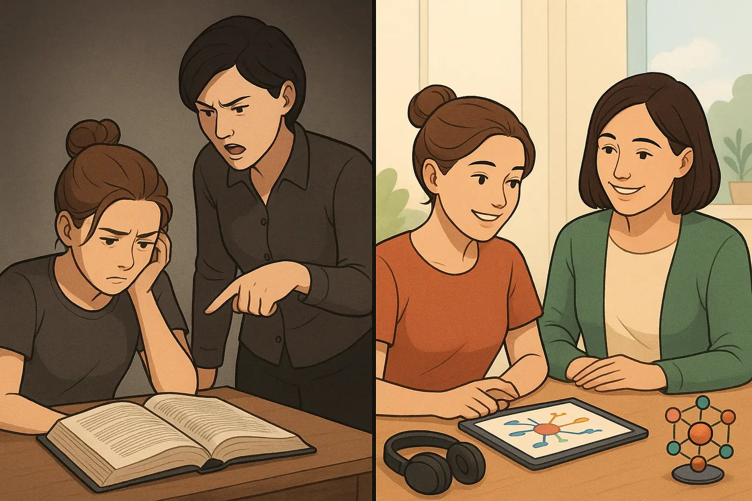 Side-by-side illustration: frustrated student with rigid teaching method versus engaged student with flexible, tailored learning approach.