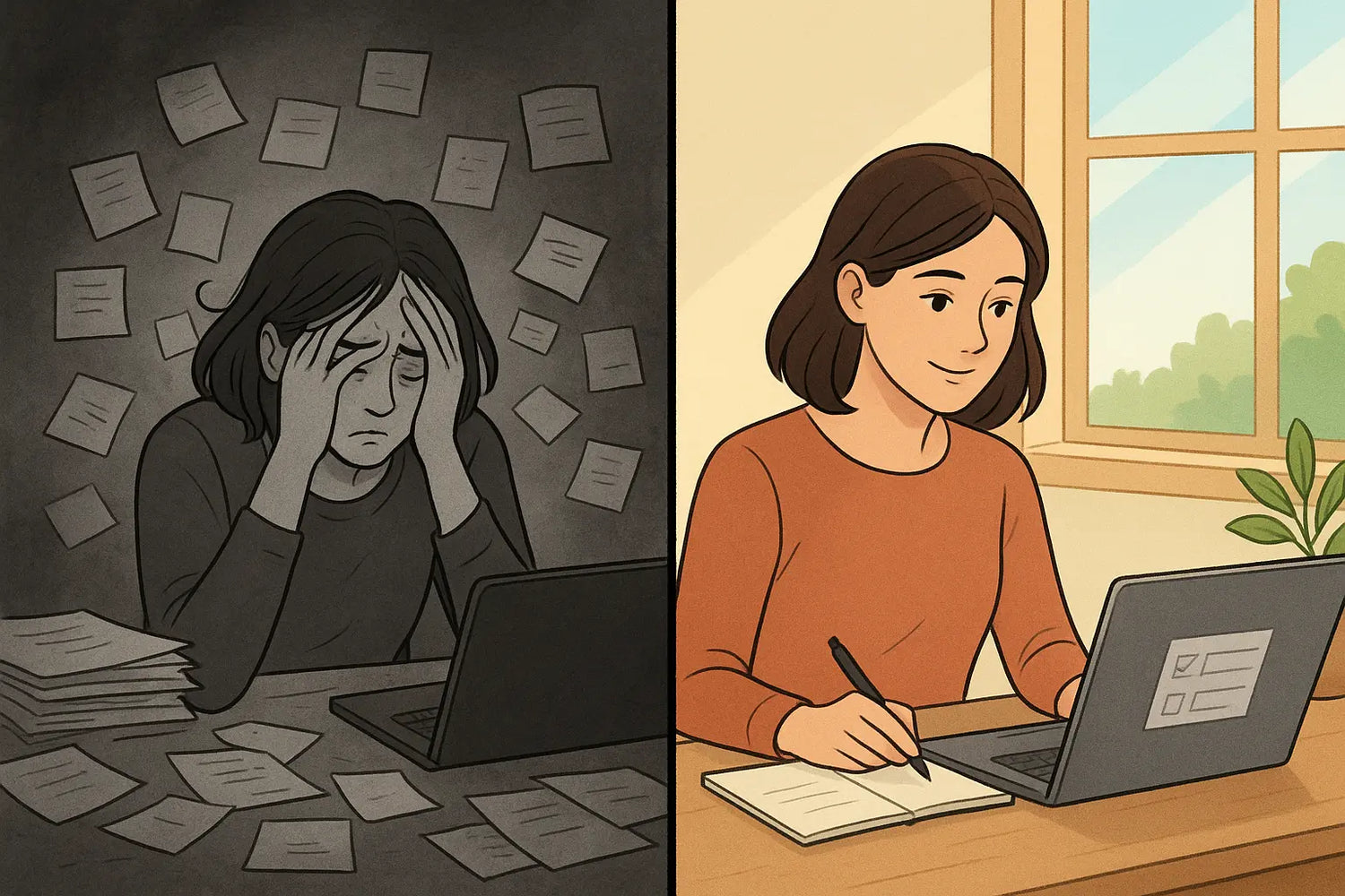 Woman transforms from overwhelmed chaos to calm control using a simple task grid system.