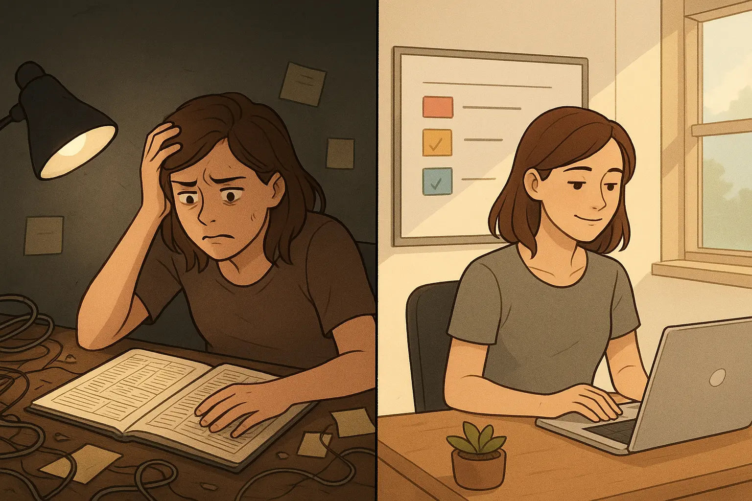 Woman transforms from frustrated with complicated planner to calm using simple visual whiteboard system in bright modern workspace