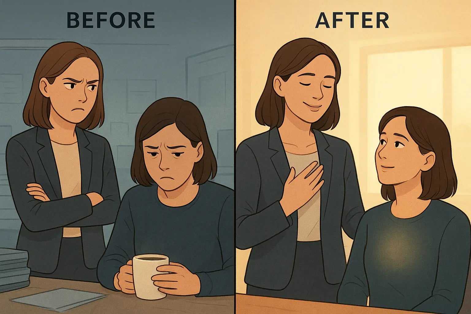 Split panel showing a woman confused by a colleague's mood, then empathetically understanding after tuning into her body's signals in a modern office.