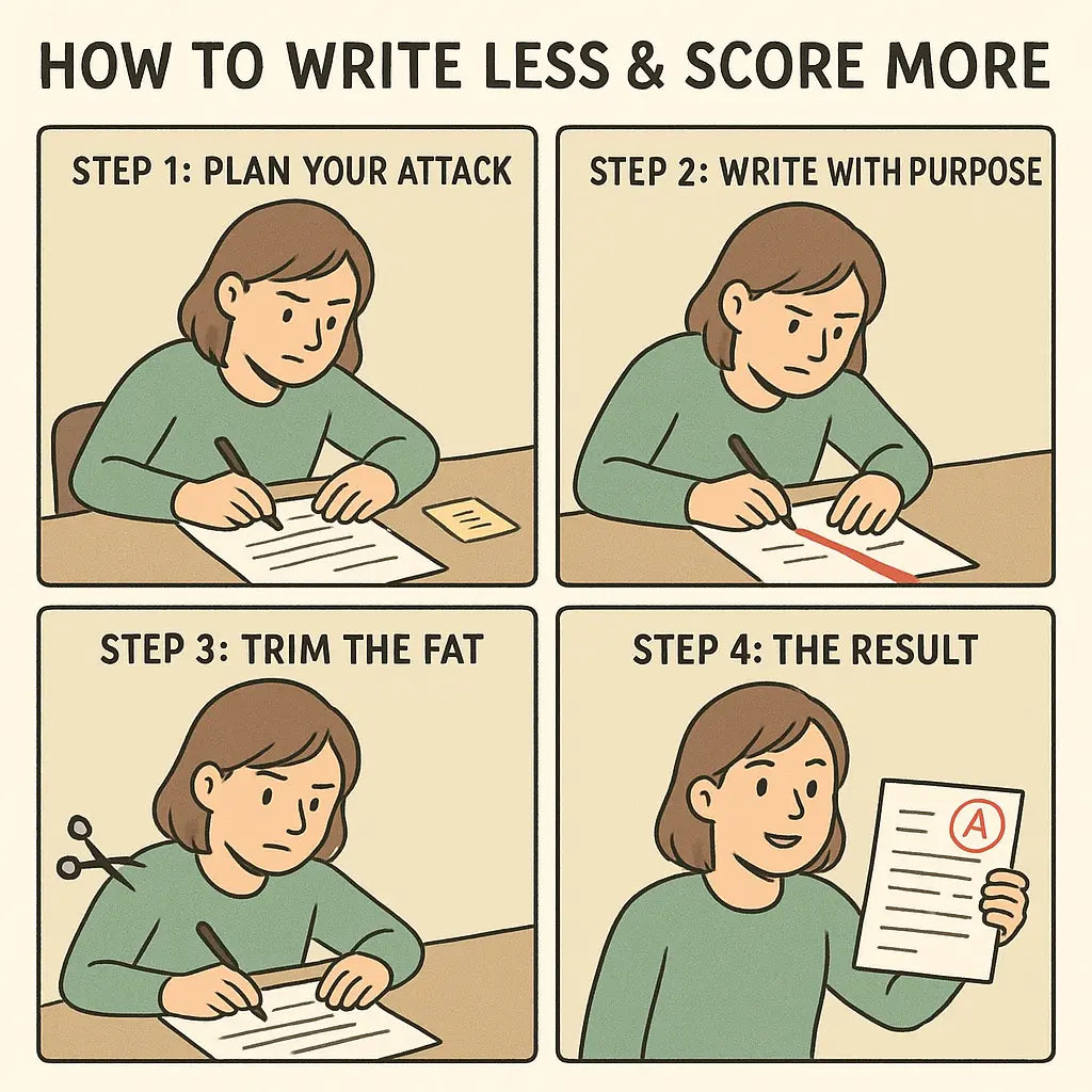 Four-panel comic showing a student planning, writing with focus, trimming unnecessary words, and achieving a high mark on their concise essay.
