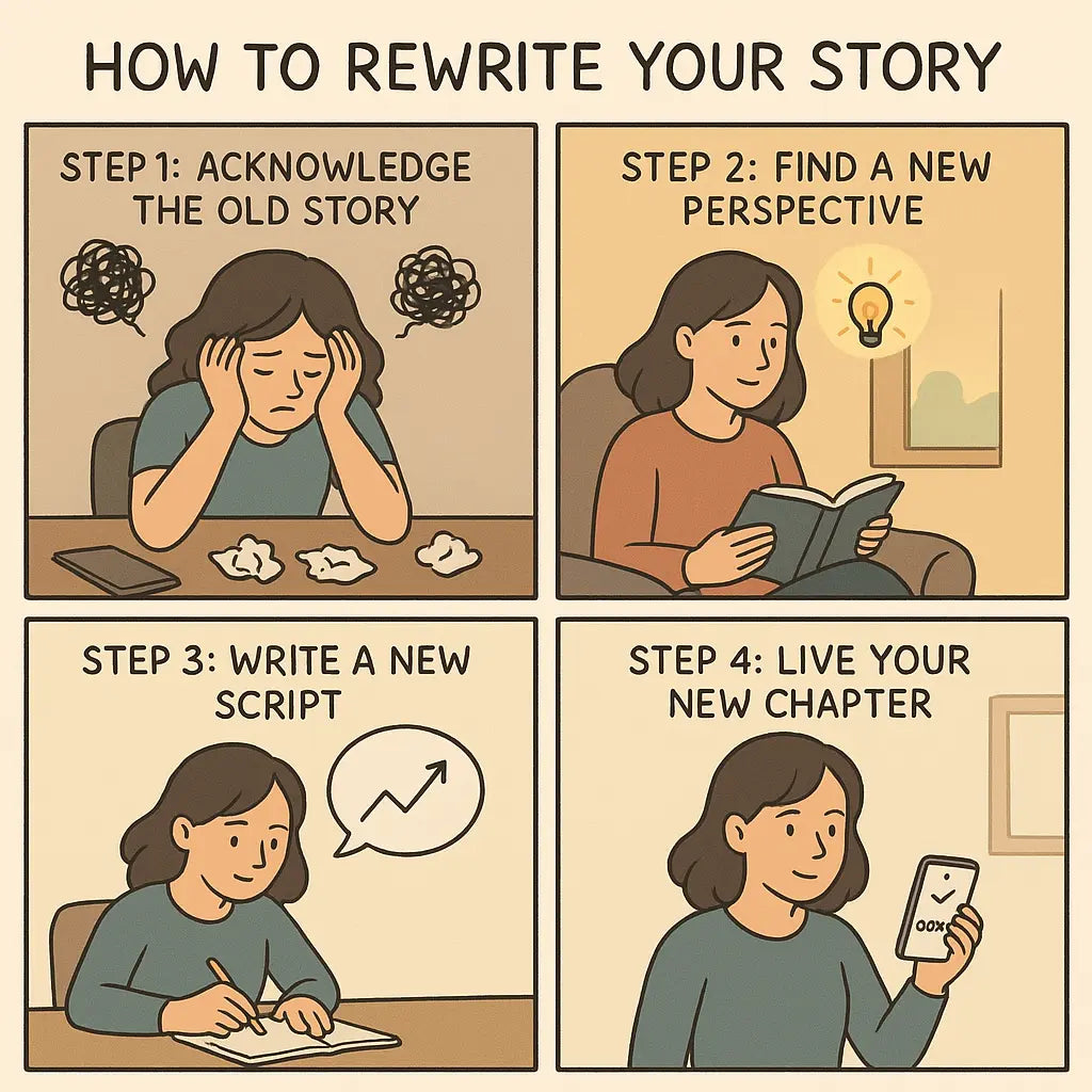 Four-panel comic showing a neurodivergent person's journey from overwhelmed to resilient through acknowledging feelings, gaining insight, writing hopeful goals, and taking action.