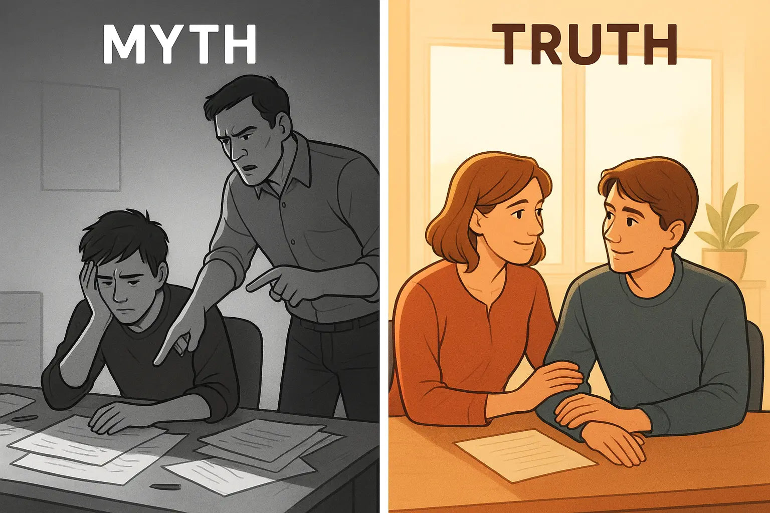 Two adults in office setting: one showing harsh judgment, the other demonstrating empathetic curiosity and support