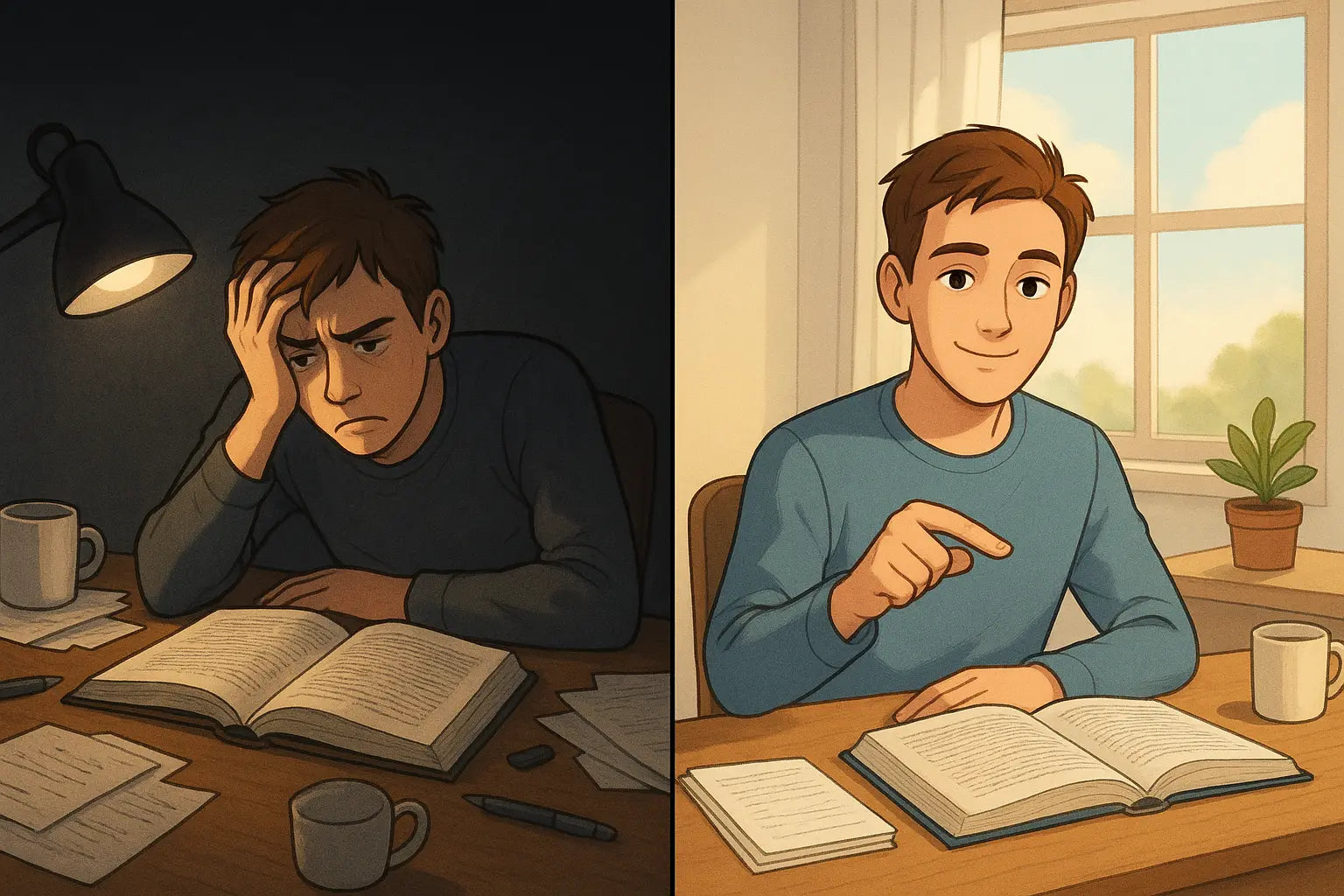 Student transformed from overwhelmed to confident, pointing at the last paragraph of a textbook in an organised study space