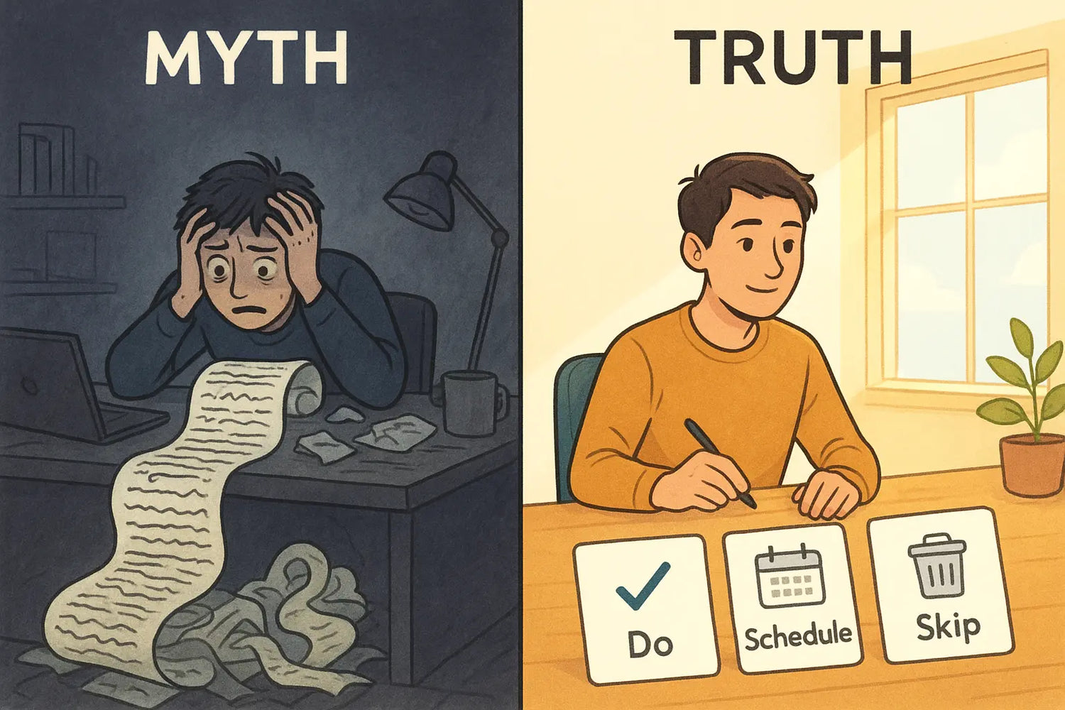 Side-by-side comparison showing a person overwhelmed by a chaotic to-do list transforming into calm control after triaging tasks into do, schedule, and skip categories.