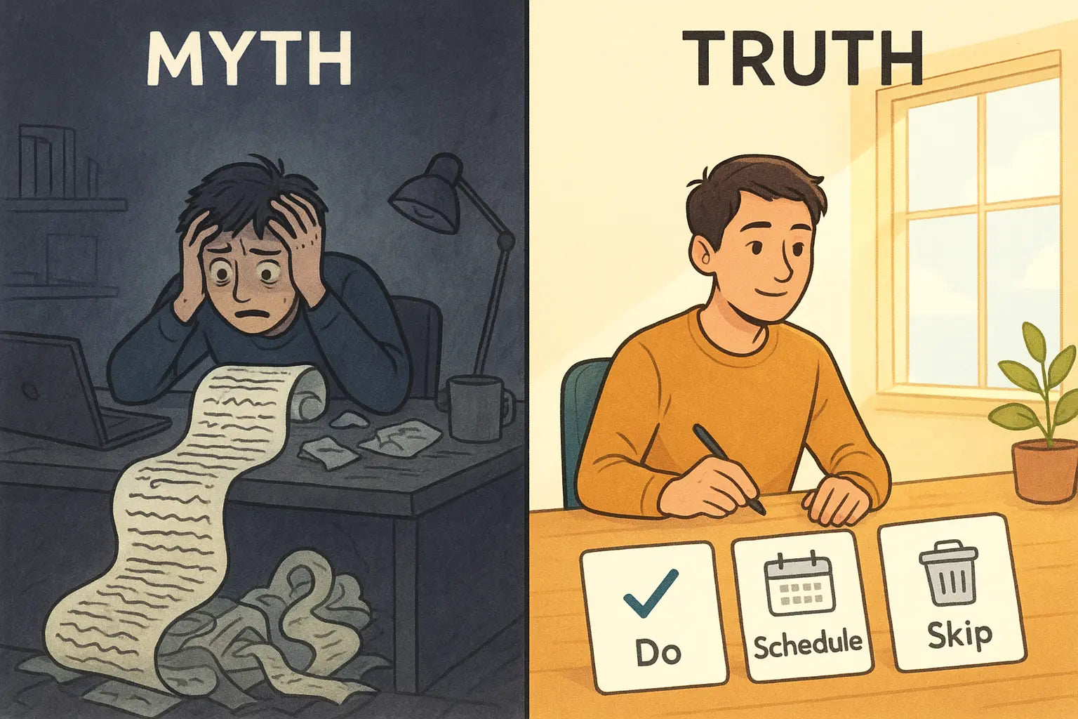 Side-by-side comparison showing a person overwhelmed by a chaotic to-do list transforming into calm control after triaging tasks into do, schedule, and skip categories.