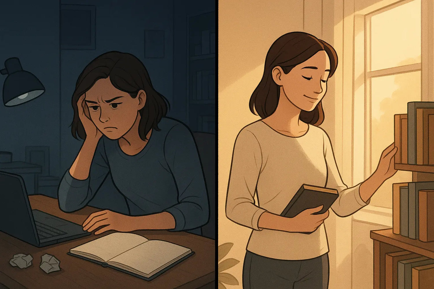 Woman transformed from frustrated at desk to calm and inspired whilst organising, illustrating a creative breakthrough through pottering