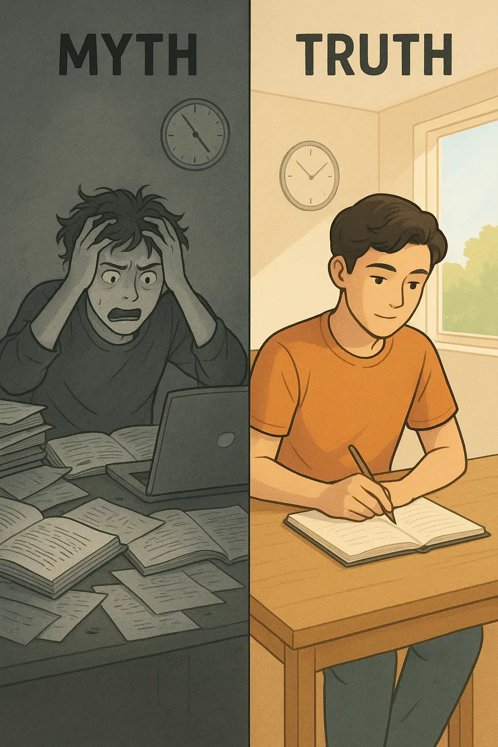 Student calmly focused on single task at organised desk versus stressed student at cluttered desk surrounded by books