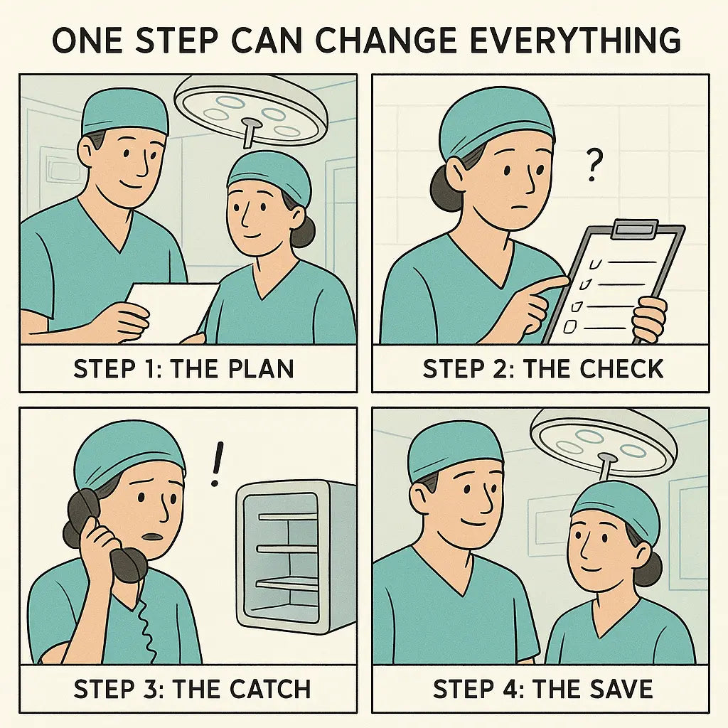 A four-panel comic showing a surgical team using a checklist to prevent a crisis, illustrating how one verification step saved a patient's life.