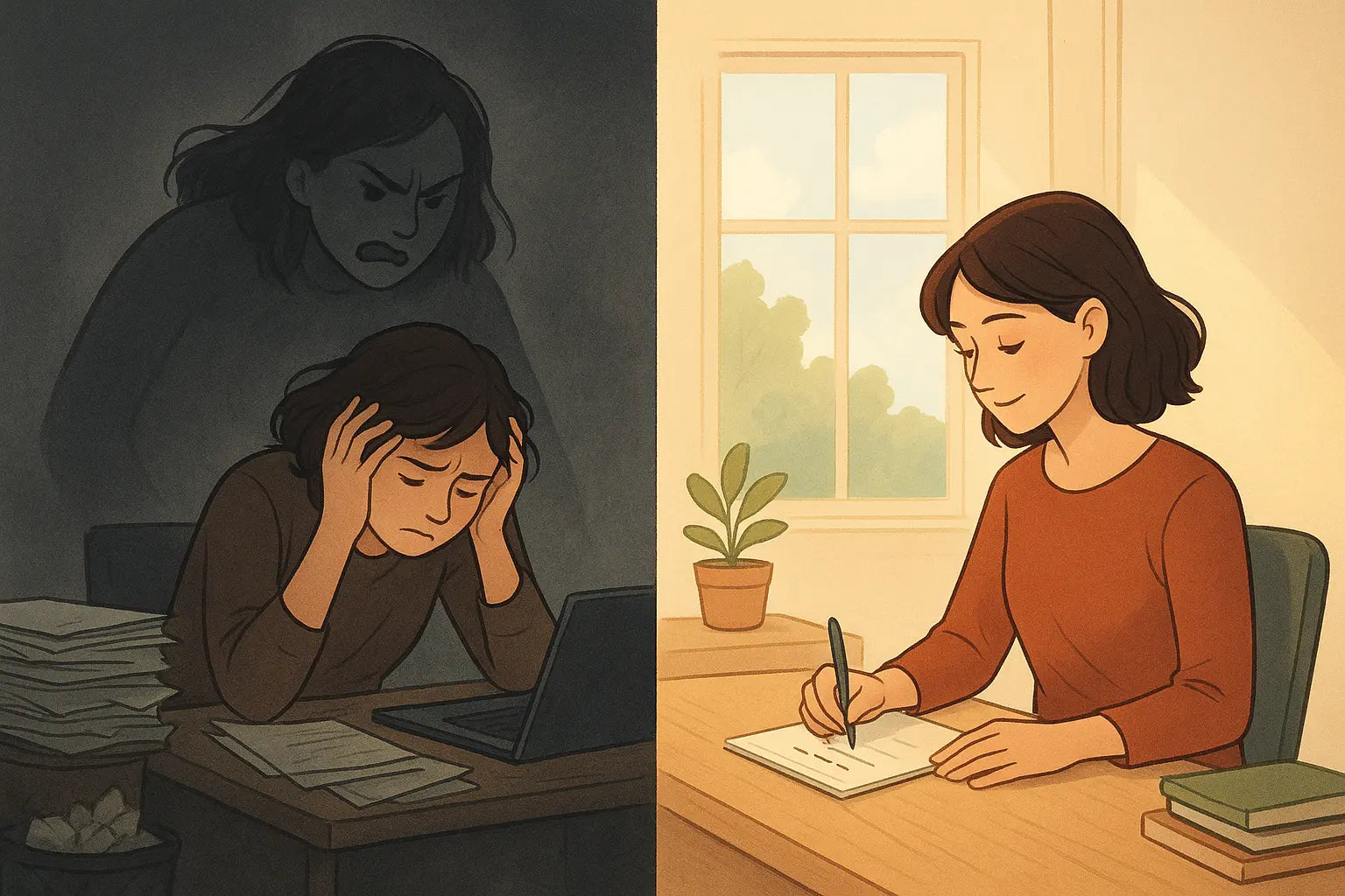 Split illustration showing stressed woman with harsh inner critic versus calm woman peacefully organizing a simple plan at tidy desk