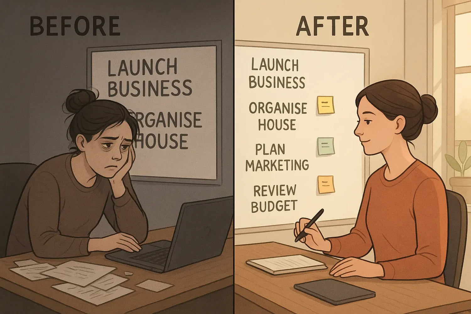 Woman transforming from overwhelmed at cluttered desk to calm and focused with organised projects and clear next steps on whiteboard