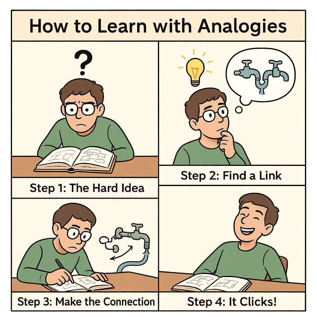 Student at desk transforming confusion into understanding by drawing analogy between water pipes and complex textbook diagram