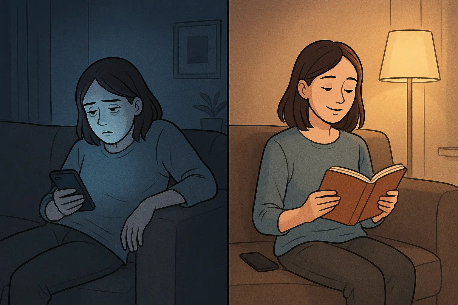 Woman transforms from mindlessly scrolling her phone on the sofa to calmly reading a book in a warm, intentional living room setting.