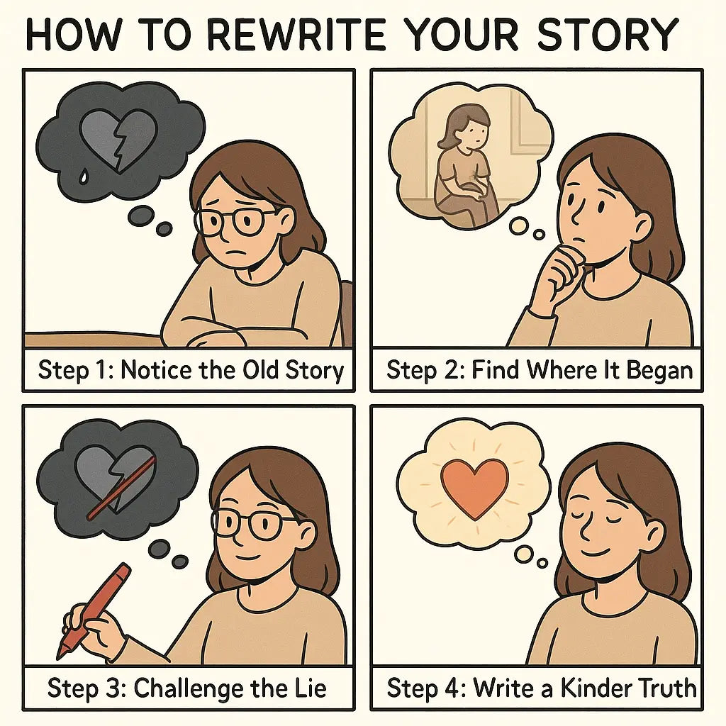 Young woman transforming from self-doubt to confidence through four illustrated steps of rewriting negative thoughts