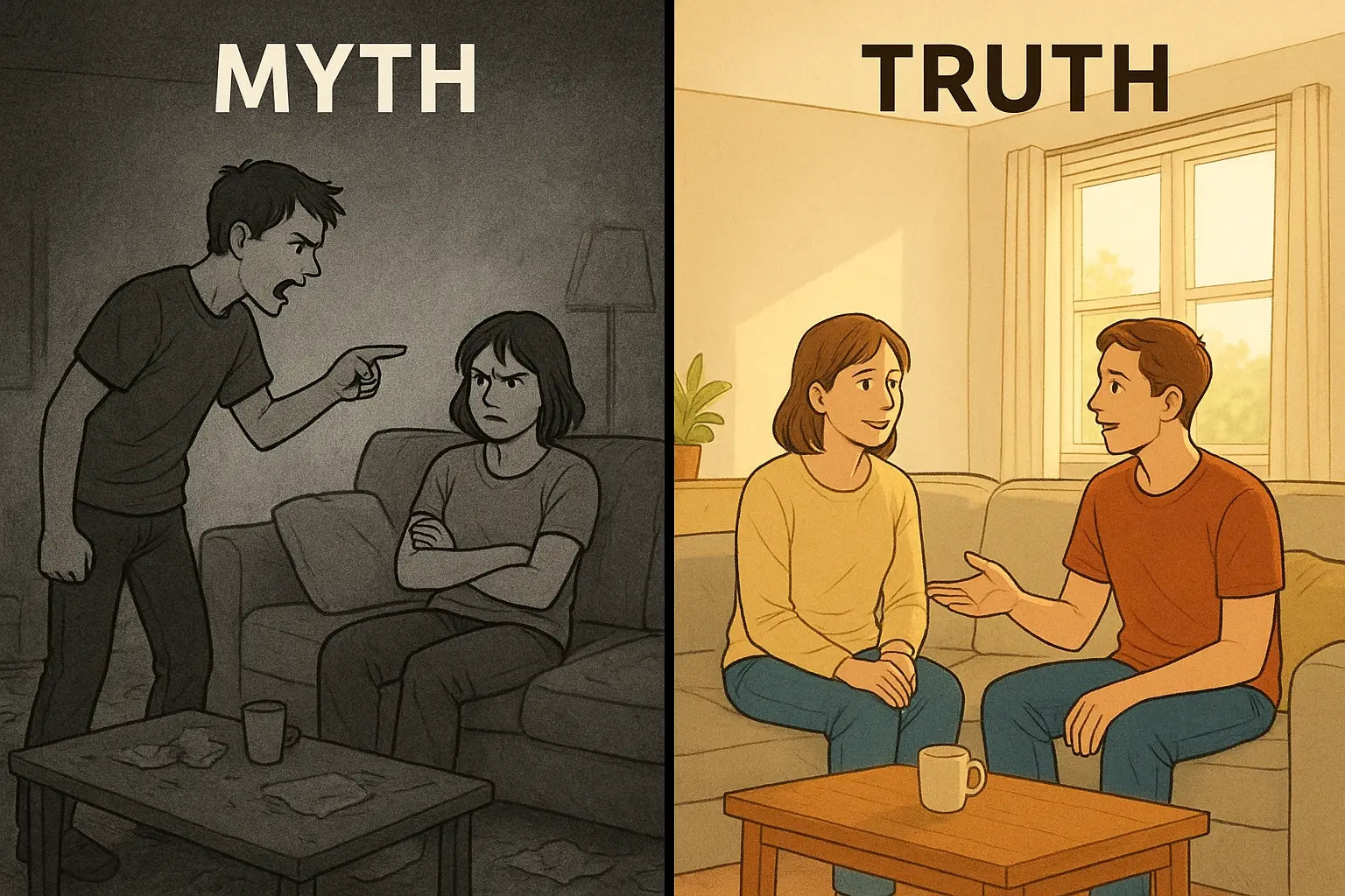 Side-by-side illustration showing an angry confrontation versus a calm, empathetic conversation between two adults setting boundaries.