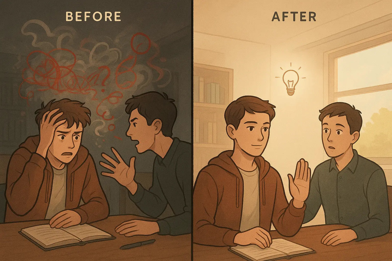 Split panel showing a student transforming from confused by a tricky debate to calm and confident after learning to spot logical fallacies.