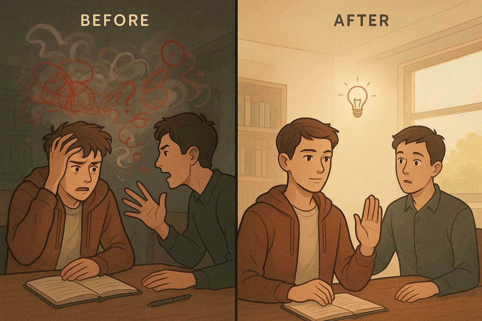 Split panel showing a student transforming from confused by a tricky debate to calm and confident after learning to spot logical fallacies.