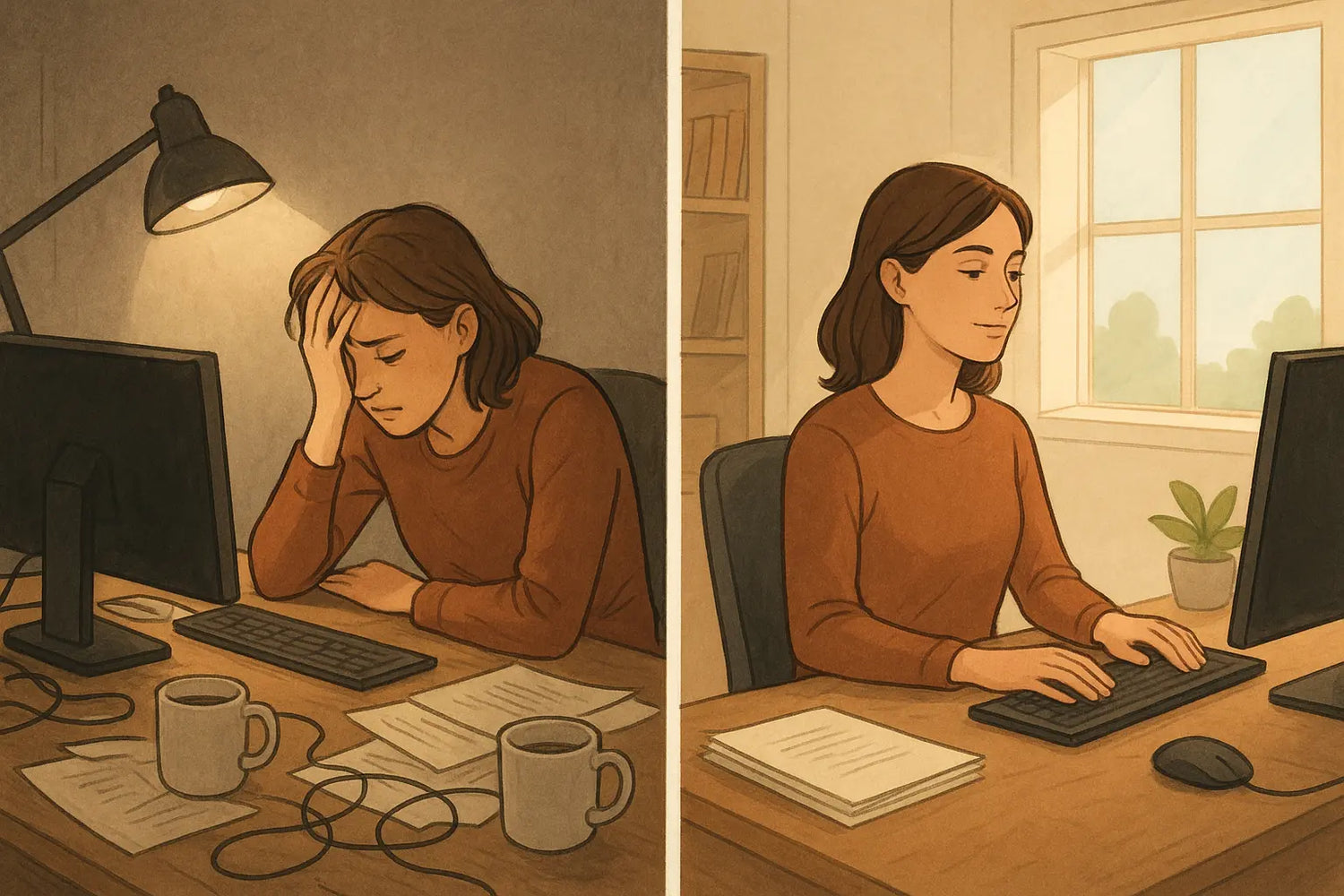 Before-and-after illustration showing a woman transforming from overwhelmed at a messy desk to calm and focused at a tidy workspace.