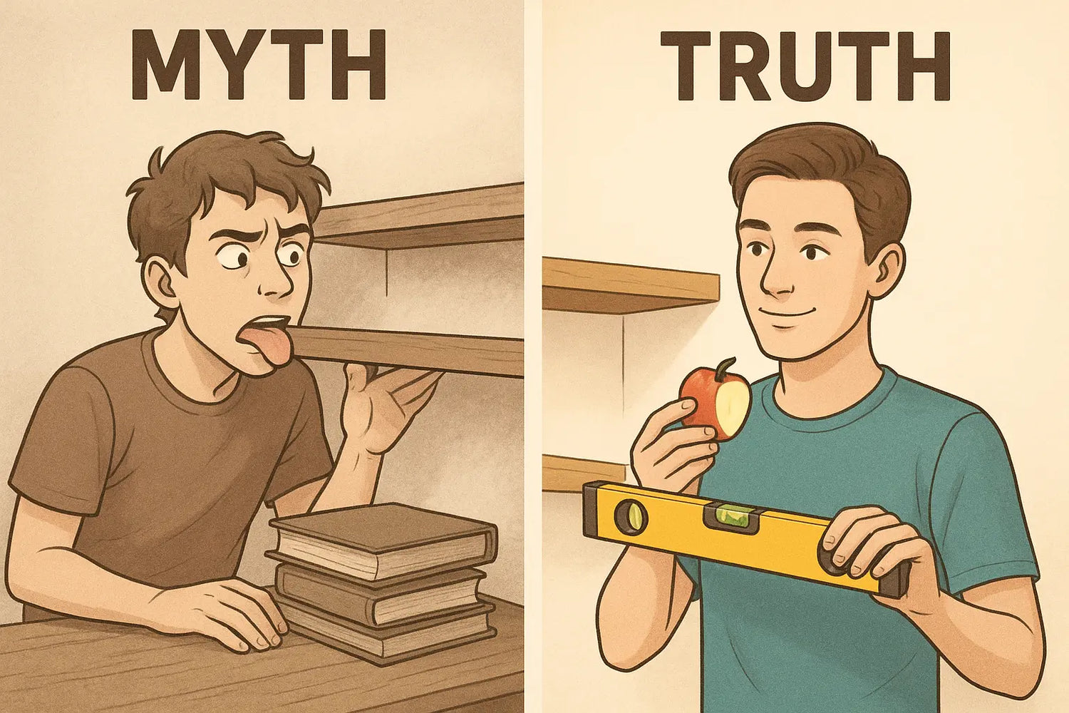 Student using a spirit level on a shelf whilst tasting an apple, illustrating the separation of facts from values in reasoning.
